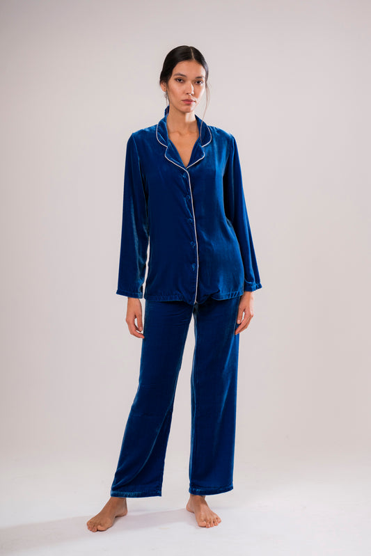Blue Silk Velvet Pyjama Jacket